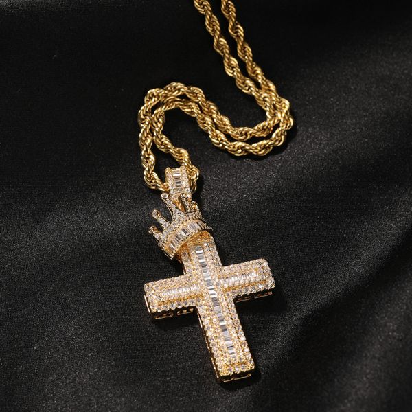 Atacado Zircônia Cúbica Micro Pave Brass Cross e Crown Pingente Colar Men Hip Hop Cubana Link Cadeia Colares