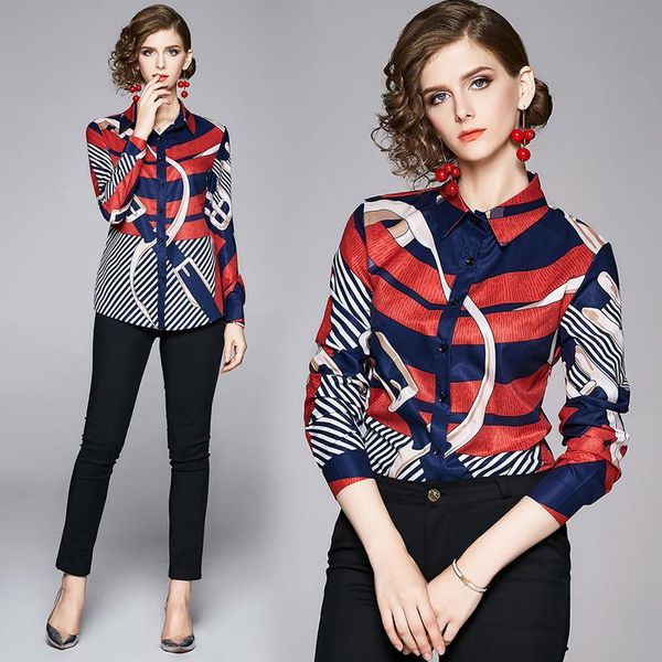 

spring summer fall runway vintage print collar long sleeve turn-down neck womens ladies party casual shirts blouse women's blouses, White