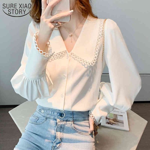 

korean elegant peter pan collar fashion lantern sleeve women and blouse long women's shirt white chiffon 11546 210508