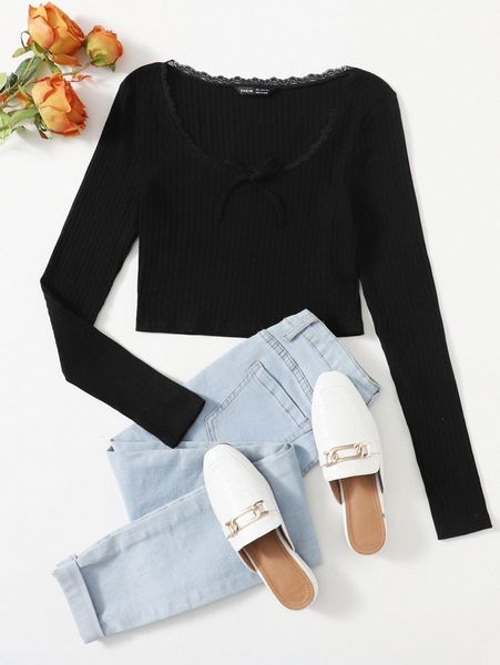 

lace trim bow front rib-knit u4ta#, White