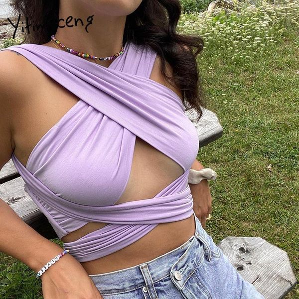 

yitimuceng crop women summer 2021 stretch fitted tank camisole club ladies lace up plus tight super-short women's tanks & cam, White