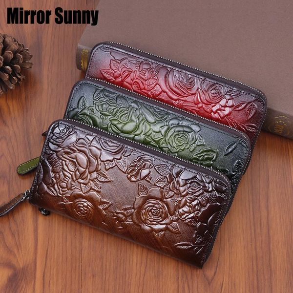 

wallets 2021 retro style long ladies clutch bag fashion multi-card embossed flower colored genuine leather zipper purse women wallet, Red;black