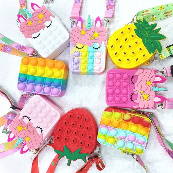 Brinquedo de festa sensorial bolha bretelle bolsa de ombro alças para celular dedo push phone bolsa de troca bolsa de moedas descompressão unicórnio brinquedos para meninas crianças