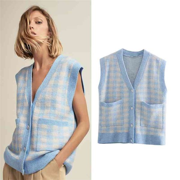 

fashion za women knitted vest cardigan v neck sleeveless houndstooth jumper korean loose plaid sweater 210422, White;black