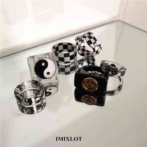 

2021 korean trendy smiley face letters yin yang taichi square chunky resin rings for women party jewelry gifts g1125, Slivery;golden