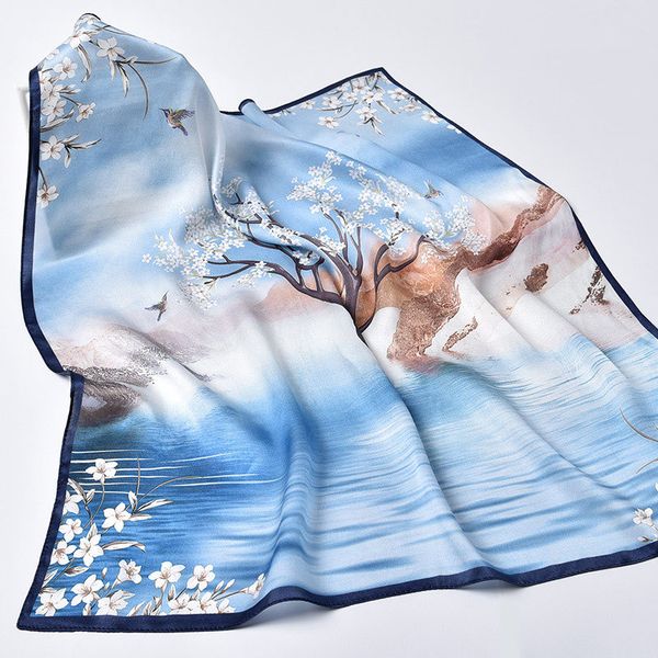 100% Capelli Veri Donne Stampa Sciarpa Quadrata Pura Naturale Foulard Blu Hangzhou Fascia in Seta Foulard Femme 65X65 cm