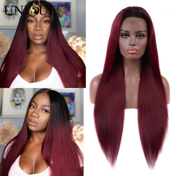 

1b/99j lace front human hair wigs 150% colored red frontal with baby for black women1, Black;brown