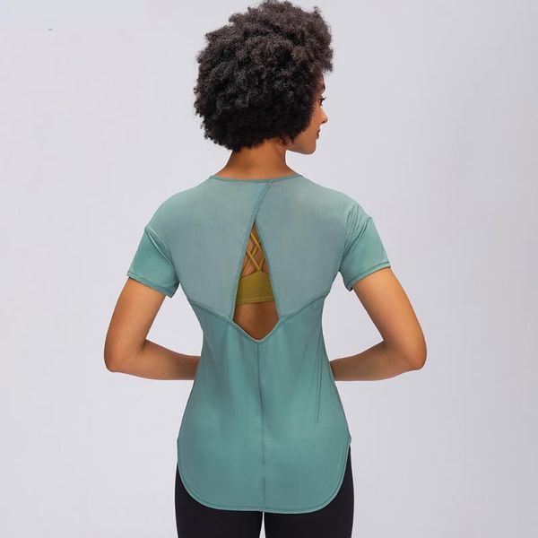 

yoga outfit lightweight mesh patchwork workout gym short sleeved shirts women hip length loose fit sport fitness t-shirts