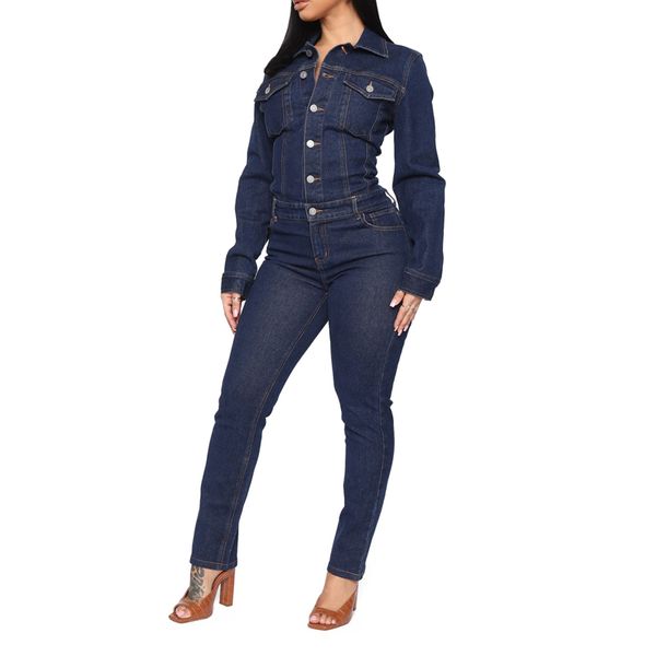 Plus Size Jean Jumpsuit Overalls für Frauen Solid Full Sleeve Einreiher Sexy Lady Blue Denim Skinny Bodysuit Trend 210517