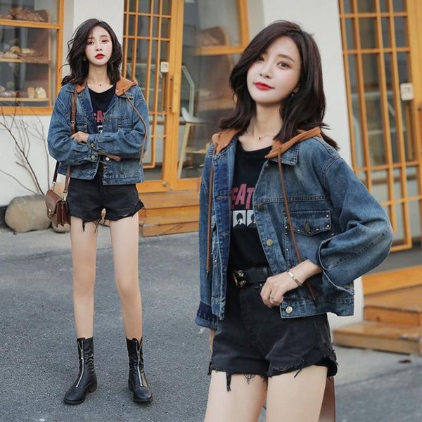 

women's jackets sexemara fashion the loose hooded rivets wash wild denim jacket, Black;brown