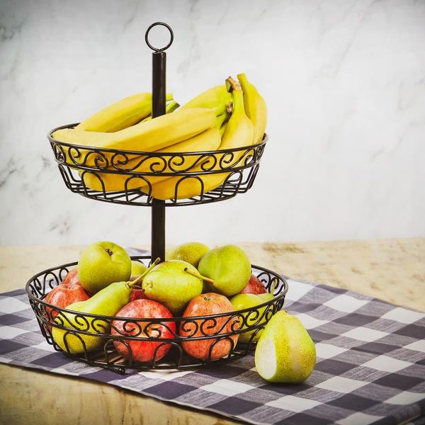 

storage baskets household 2 tier fruit plate countermetal basket vintage style tray stand can be folded