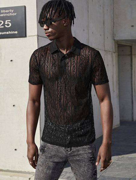 

men sheer lace polo shirt w1qu#, White;black