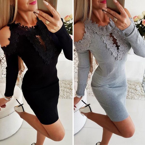 

womens flower appliques attach dress casual coll shoulder hollow long sleeve bodycon slim grey black party mini dresses, Black;gray