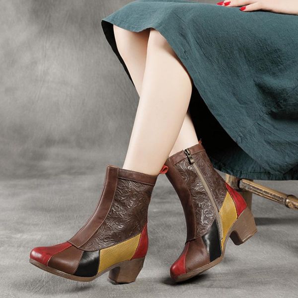 

boots female genuine leather mixed colors shoes women 2021 autumn winter zip round toe concise retro platform mujer, Black