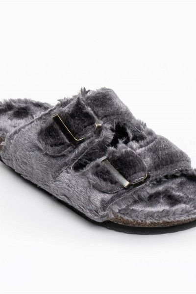 

slippers women's gray plush buckle detail home slipper, Black