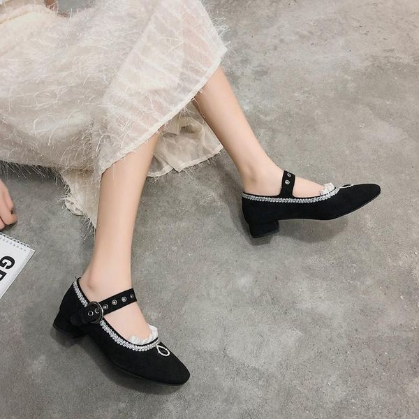 

dress shoes spring and summer women 2021 retro black mary jane thick heel button type shallow mouth single for