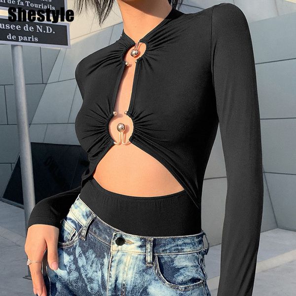 

shestyle bodysuits women black hollow out ring round neck skinny elastic solid fashion trendy tide spring 2021 body outfitsin, Black;white