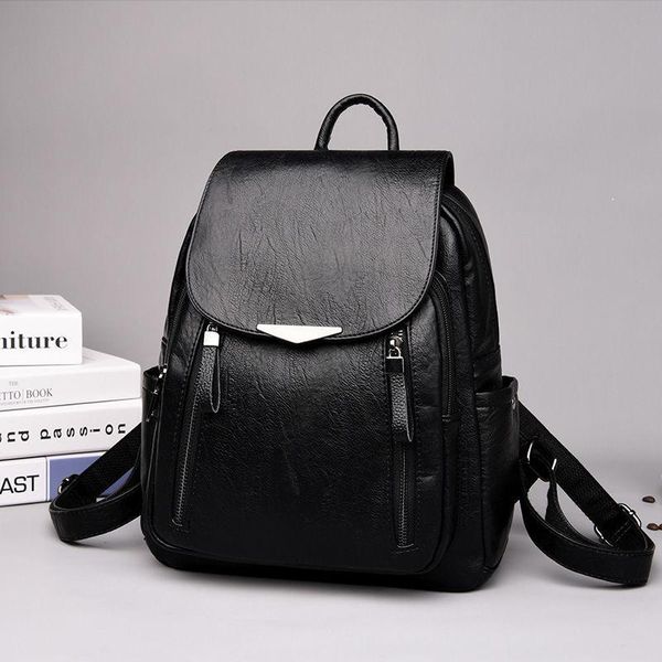 

backpack fashionable soft leather women's korean versatile black travel bag