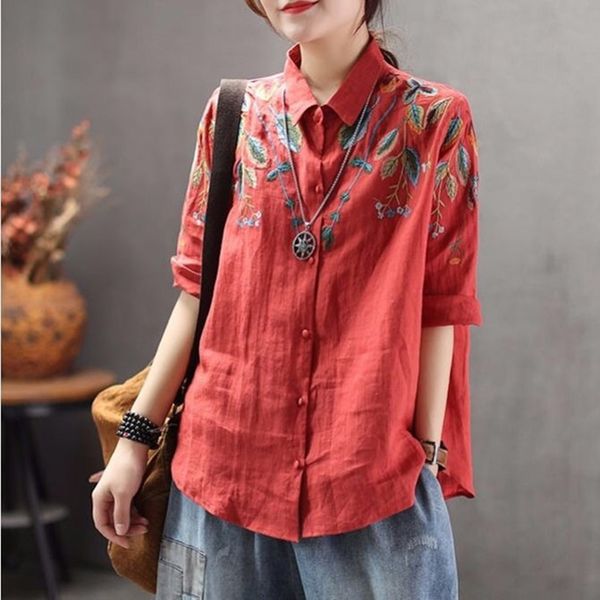 

improved chinese style blouse women spring long sleeve vintage embroidery cotton chinese style clothing women 11622, Red