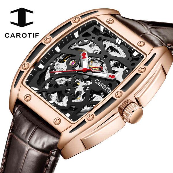 

carotif 2021 new men mechanical watches wine barrel dial automatic mens wrist watch sports waterproof man clock, Slivery;brown