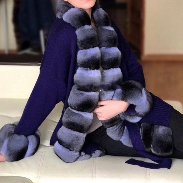 

women's fur & faux sweater cardigan women poncho with real rex trims custom size and color, Black