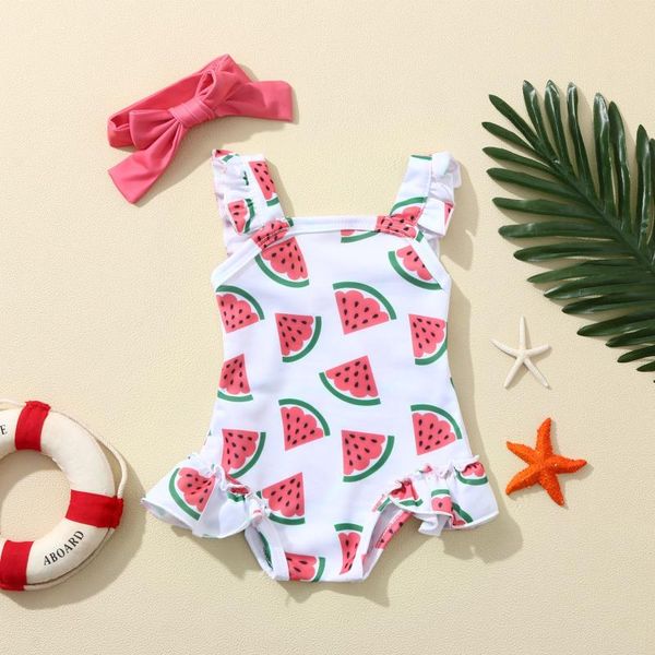 

summer 2021 girls swimwear baby kids backless watermelon print swimsuit+headband set beach bikini baÃ±ador niÃ±a one-pieces, Black