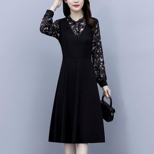 

casual dresses spring floral chiffon patchwork dress 2021 large women's, Black;gray