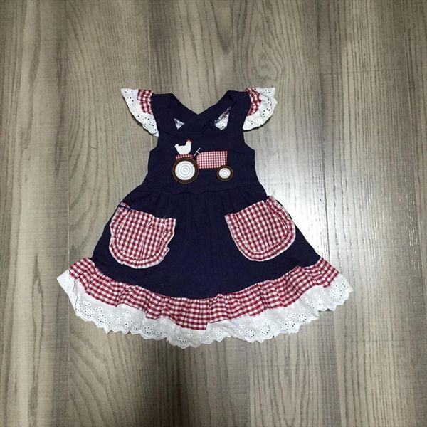 

baby girls summer farm girl dresses with chook print dark blue lace hem, Red;yellow