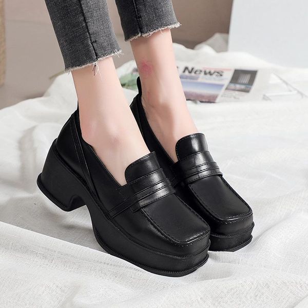 

dress shoes square toe british style platform women retro big all-match loafers high heel sweet lolita mary jane, Black