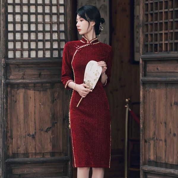 

ethnic clothing vintage button slim long fork women qipao chinese traditional gorgeous mandarin collar ladies cheongsam evening dress, Red
