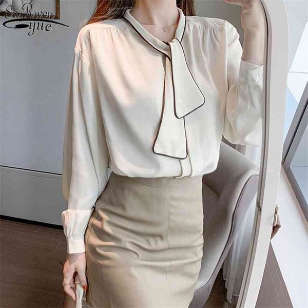 

office lady long sleeve solid female shirts with tie fashion chiffon blouse women plus size puff clothing 13046 210427, White