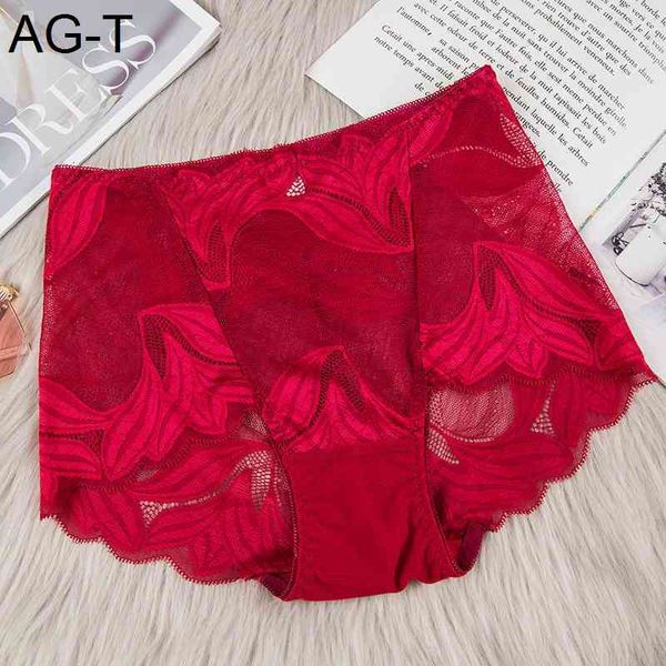 

women's underwear high middle waist lace large size transparent hollow out pure cotton file comfortable hip lifting briefs, Black;pink