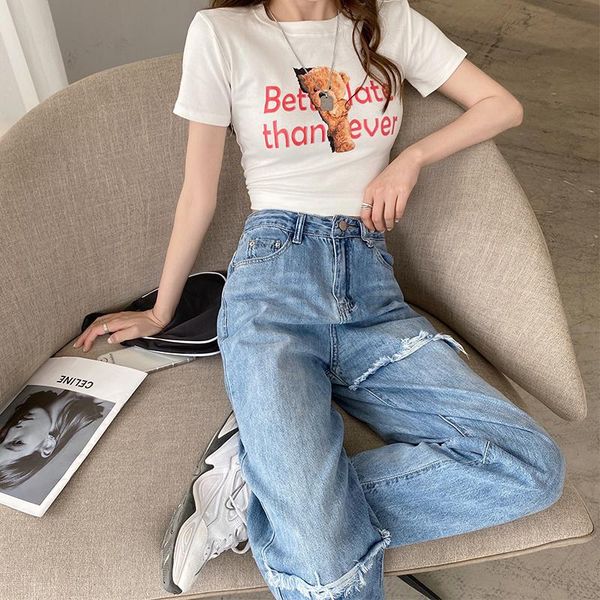 

women's jeans summer harlan high waist straight hole 2021 thin loose and wide legs daddy carrot pants, Blue