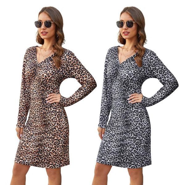

casual dresses deep v-neck leopard pencil dress women spring autumn long sleeve plus size slim party vestidos nightclub robe femme, Black;gray