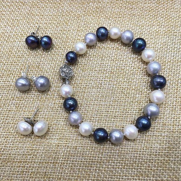 

earrings & necklace bracelet stud earring pearl set white grey(gray) peacock mix color perfectly round accept natural freshwater, Silver