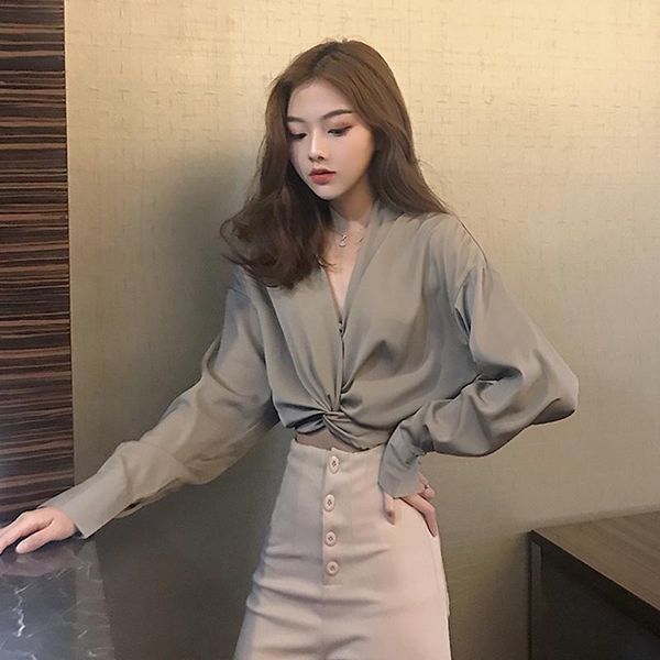 

women's blouses & shirts ulzzang chic shirt womens clothing 2021 spring autumn korean fashion vintage v-neck long sleeve criss cross la, White