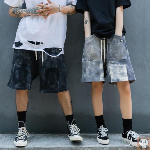 

tie-dyed brand hip-hop fashionable distressed loose cropped pants couple fleece and shorts men men's, White;black