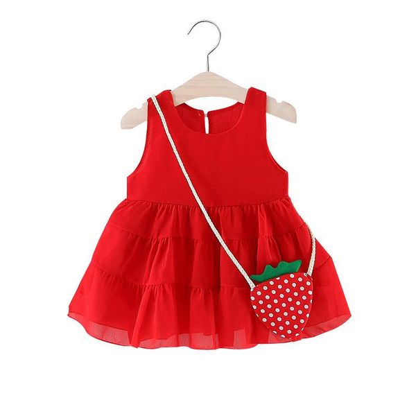 

summer baby girl strawberry backpack chiffon princess dress children's clothing vestidos kids dresses for girls cute solid girl's, Red;yellow