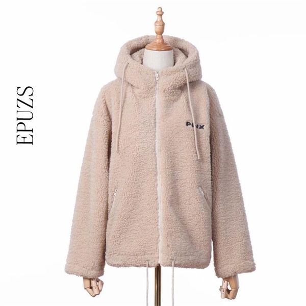 Inverno de primavera com capuz casaco de pelúcia mulheres faux peles jaqueta grosso quente macio swayfriend oversize 210521