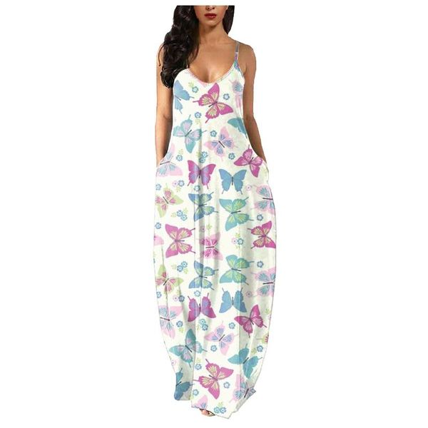

casual dresses butterfly print maxi for women sleeveless v neck long sling summer dress vestido de manga longa woman femme robe, Black;gray