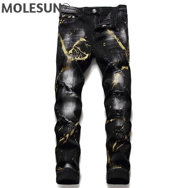 

men's jeans 2021 european style men brand mens slim denim trousers black straight stripe hole pants for, Blue