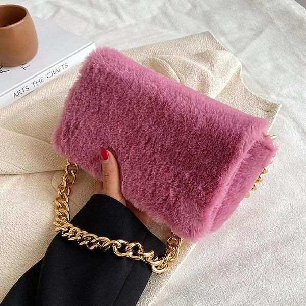 

evening bags winter shoulder bag soft faux fur crossbody with thick chain for women 2021 simple solid color handbags and purses clutch