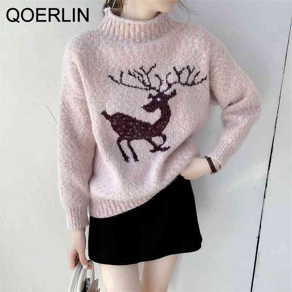 Fawn Print Pullover Damen Winter Nerz Chenille Samt Dick Warm Halten Ugly Plus Size Rollkragen Weihnachten S-2XL 210601