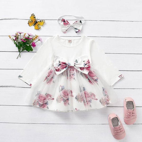 

girl's dresses first birthday outfit kids casual long sleeve ruffled flower print bow-tie tulle dress baby girl clothes 1026, Red;yellow