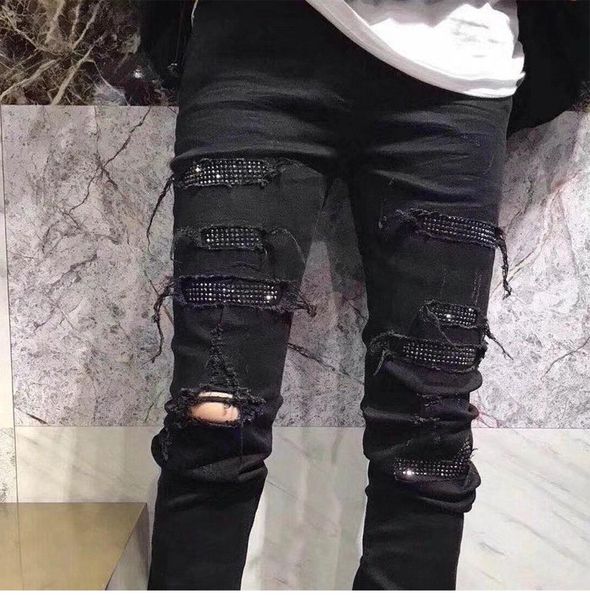 

2019 am black diamond elastic jeans high street hole black slim fit little feet trendy men's, Blue