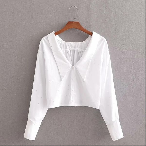 

turndown collar loose short womens shirt femme hole long sleeve white casual lady blusas s8080