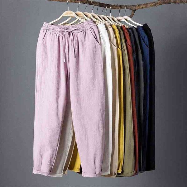 

spring summer cotton linen women capris solid elastic waist harem trousers soft thin female ladys s xxl, Black;white