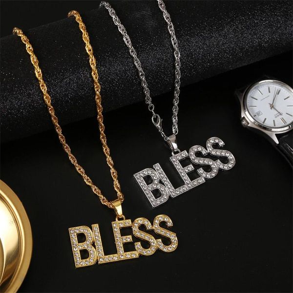 

statement women men letter bless necklaces & pendants hip hop jewelry 2021 fashion gold silver color long rope chain necklace pendant