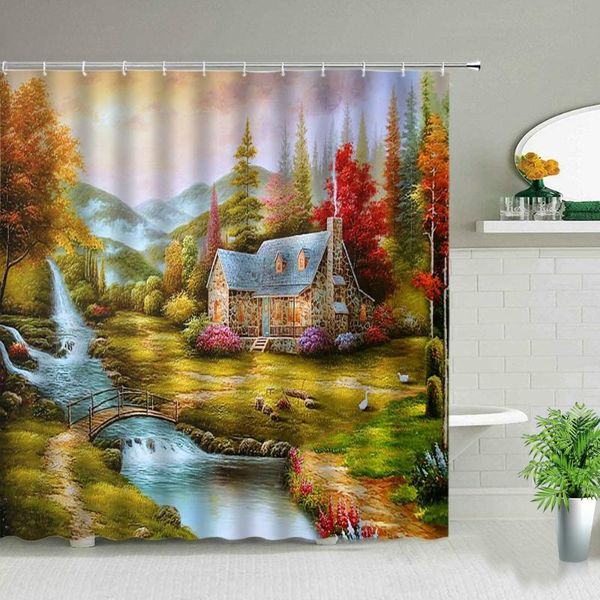 

shower curtains european style oil painting scenery flowers plant forest landscape bath curtain waterproof bathroom decor cloth