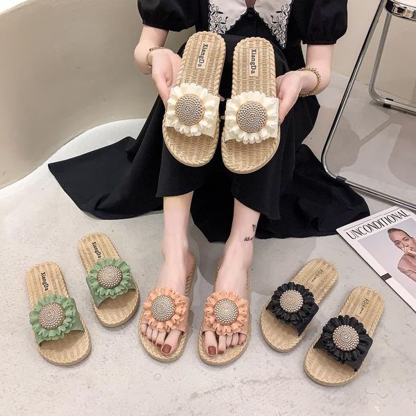 

slippers shoes woman 2021 soft luxury slides platform flower low pantofle comfort designer summer flat casual pu fashion, Black